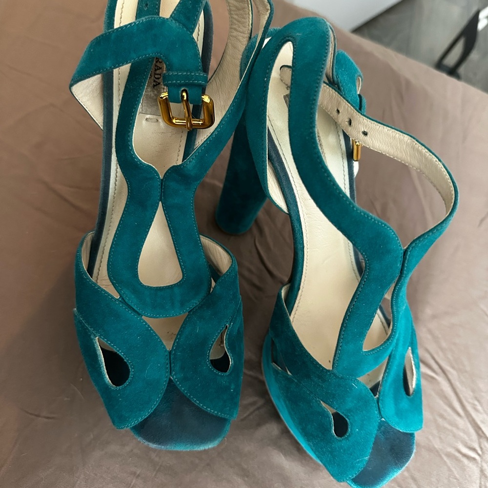 Prada Blue Suede Heels with Intricate Cut-Out Design